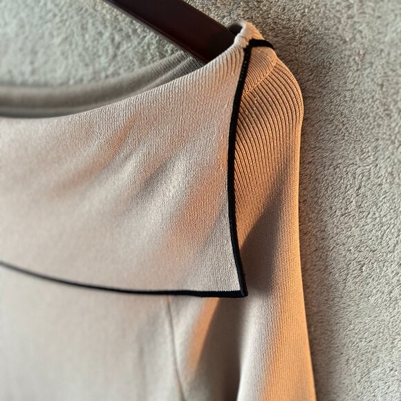 Cyrus Off Shoulder Neck Sweater in Tan with Black Accent Trim - Picture 3 of 4